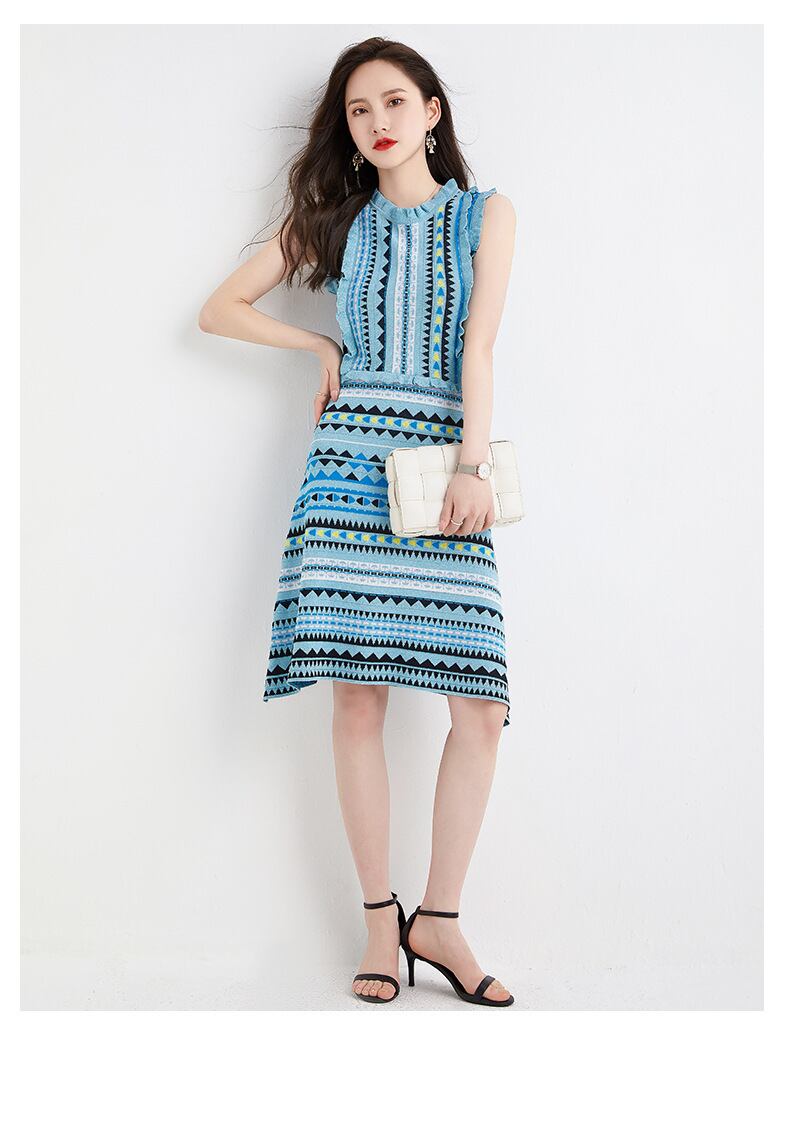 【dress】ファッションストライプ柄切り替え気質満点ノースリーブニット ワンピース G0407