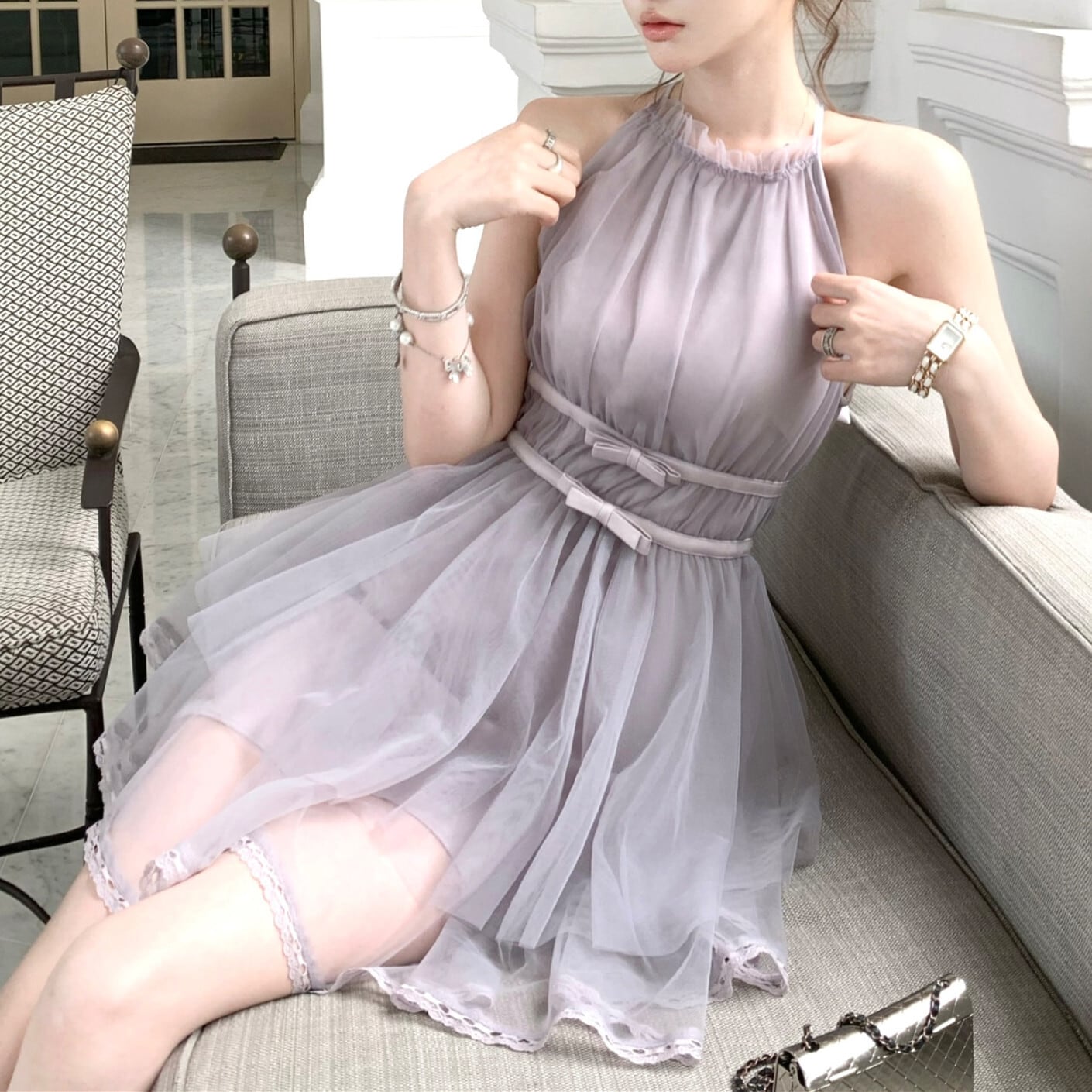 【dress】バックリボンチュールミニワンピース　M31380
