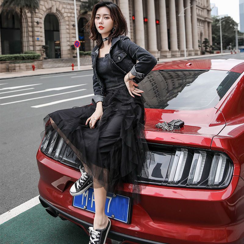 【set】一目惚れ！デニムジャケット+メッシュ切り替えキャミワンピースINS風2点セットF0751