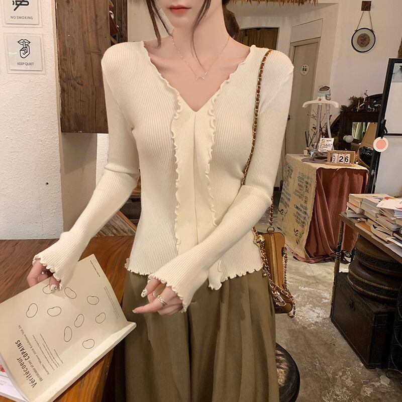 【tops】Vネックフリルニットトップス　M18839