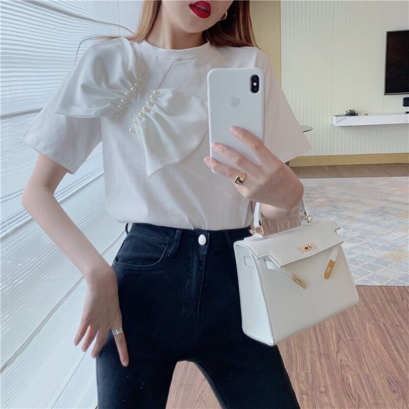 【tops】女性力を高める〜ラウンドネック半袖蝶々結び無地ゆったり着回しTシャツ