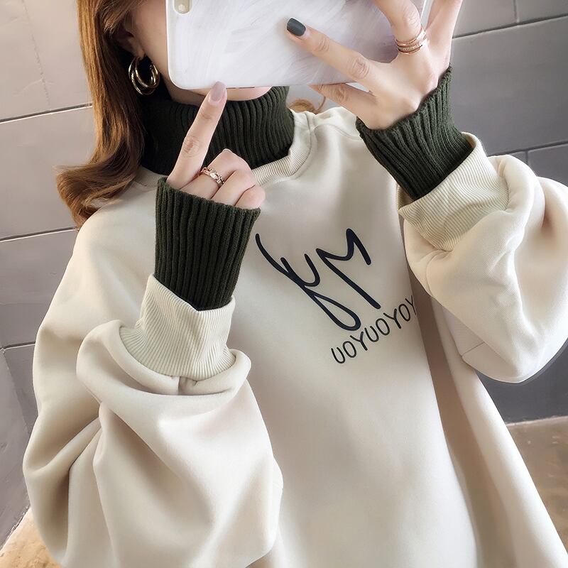 【tops】店長推薦秋冬新作2色ハイネック長袖英字柄配色ゆったり切り替え着回しパーカーF0904