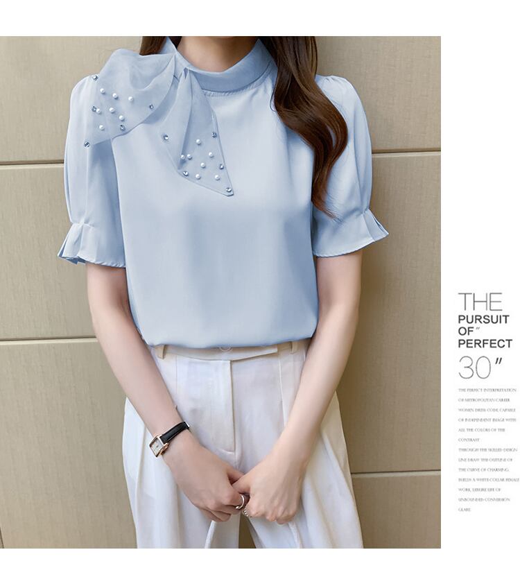 【tops】美人度アップ!スウィートリボンルーズシフォンパフスリーブフランス風シャツ G6683