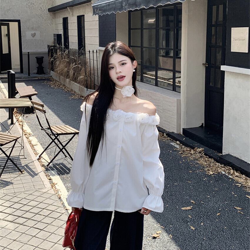 【tops】ボートネック立体フラワーシャツトップス　M29555