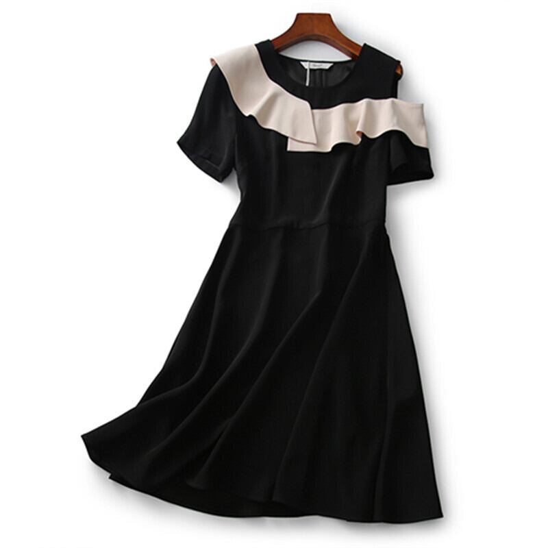 【dress】美感いっぱい? ?オフショルダーフリルデザイン配色デートワンピースF0048