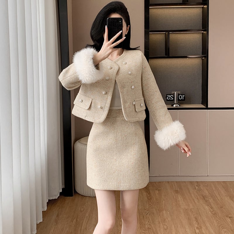 【set】袖ファーコート×ミニスカートセット Q7414