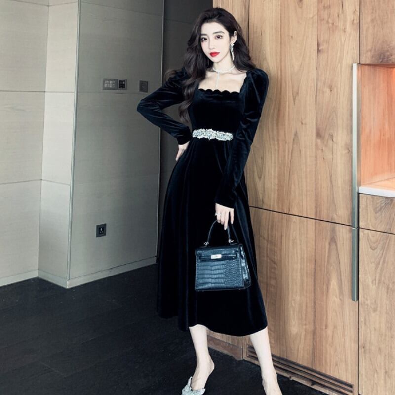 【dress】美人度アップ!気質満点ハイウエスト長袖 スクエアネックワンピース G1418