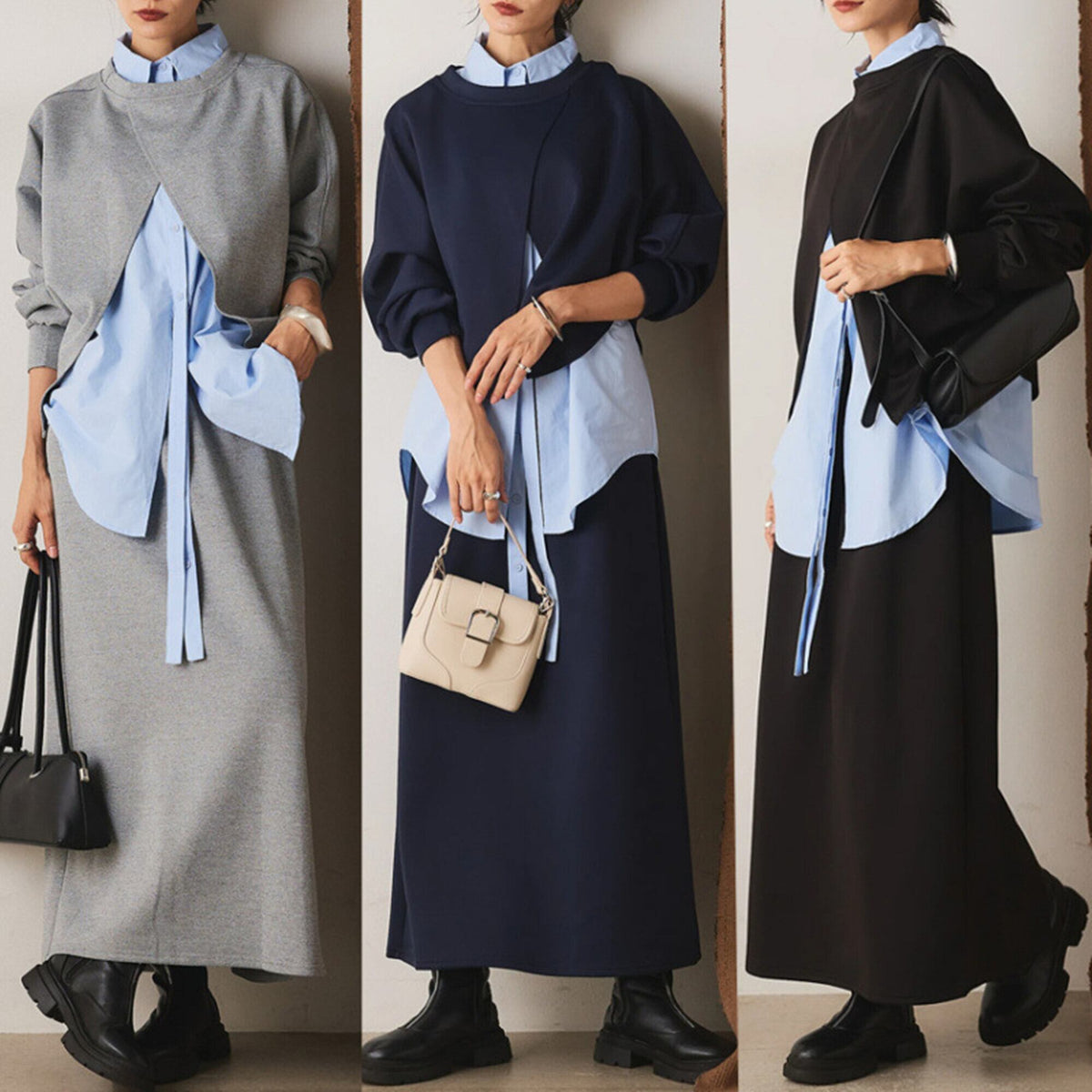 【set】シャツ×スリットトップス×ロングスカート3点セット     N3429