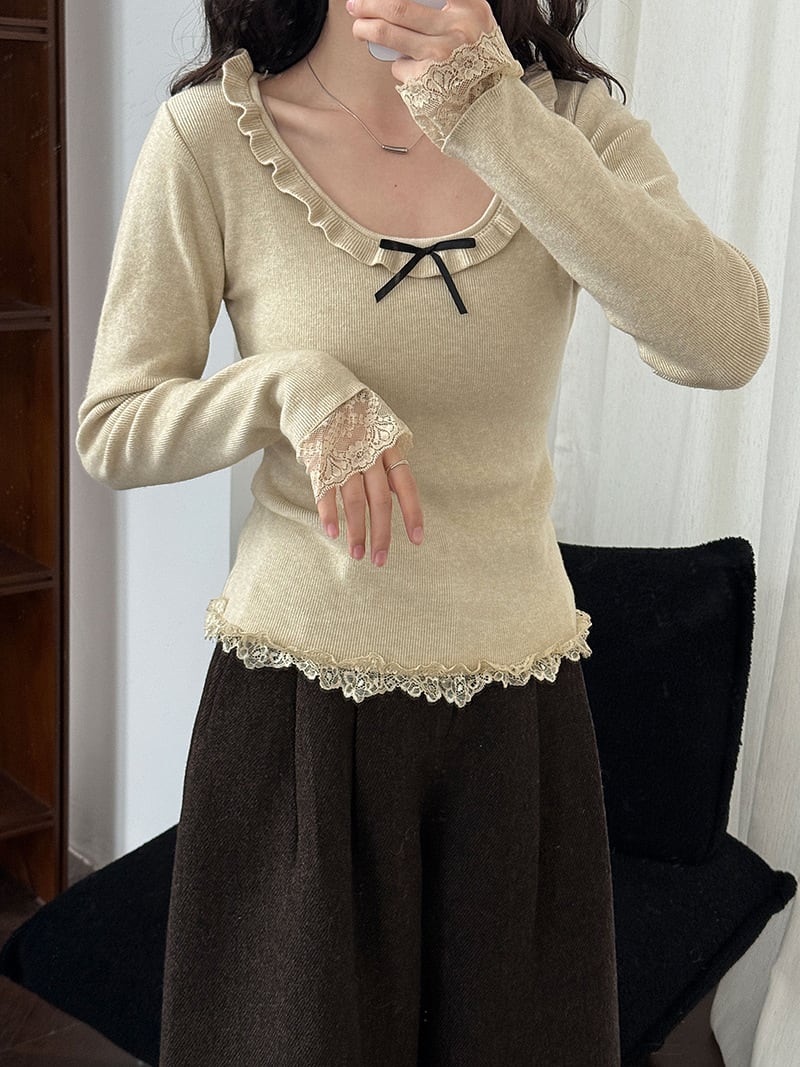 【tops】レースドッキングフレアニットトップス Q7312