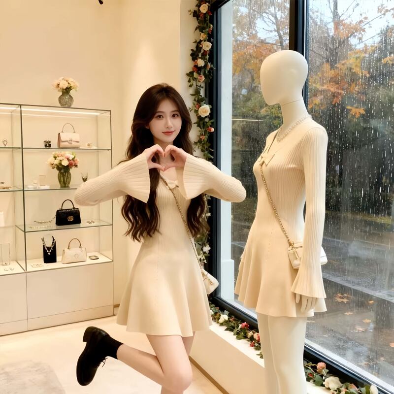 【dress】リボン付きフレアニットワンピース Q7118