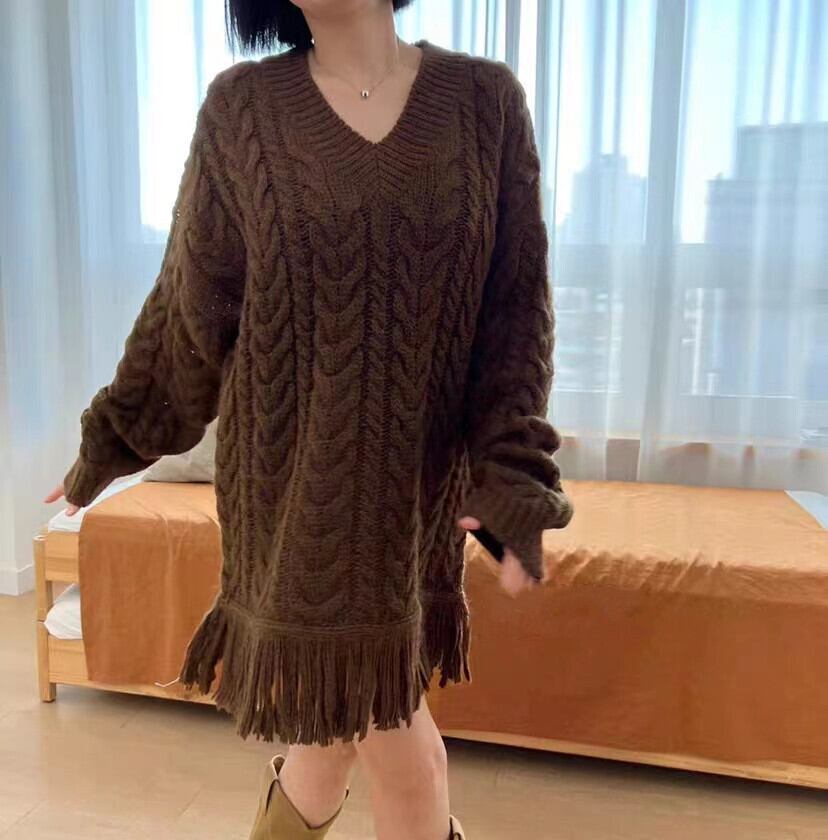 【dress】Vネックフリンジセーターワンピース　M18333