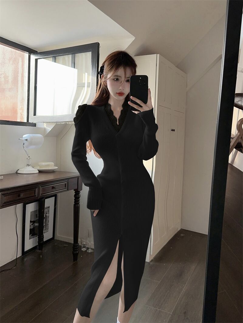 【dress】レースドッキングニットワンピース Q7121