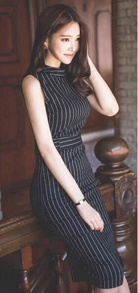 【dress】OL通勤好感度UP!気質満点ストライプ柄 ノースリーブワンピース G0892