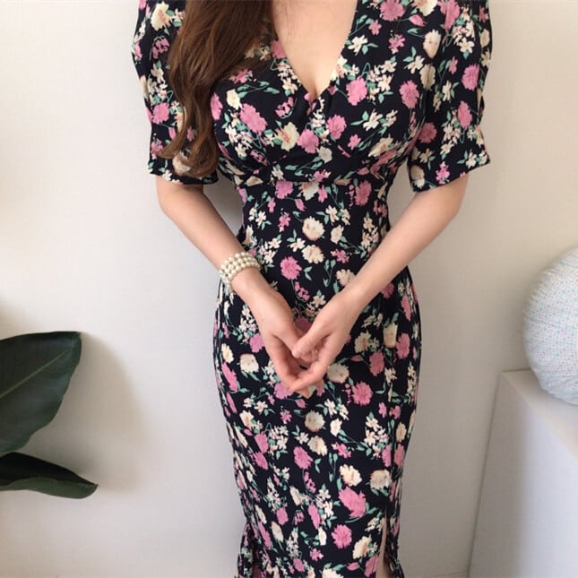 【dress】花柄スリットワンピース　M24720