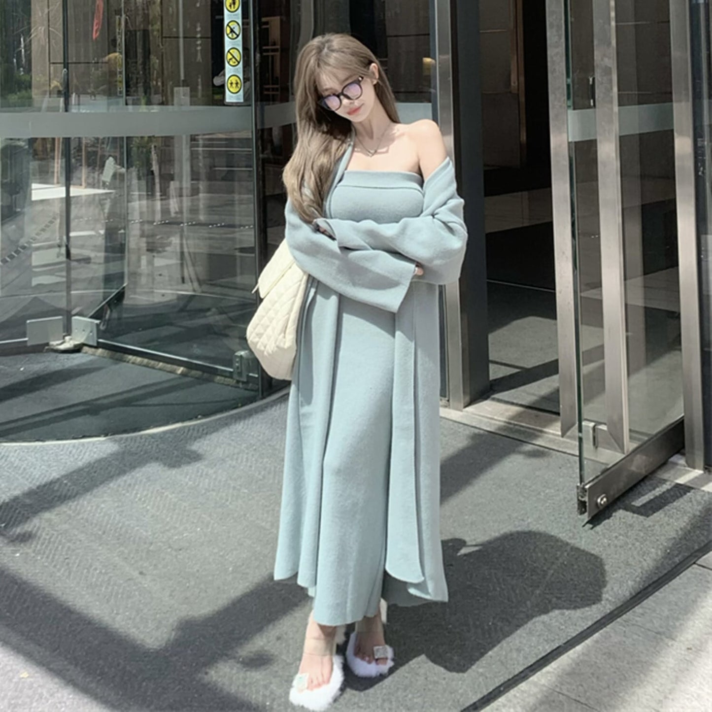 【set】ロング丈カーディガン×ベアトップワンピースセット　N2799