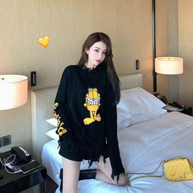 【tops】大人可愛いラウンドネック長袖体型カバー韓国ファッション動物柄配色着回しセーターF1306