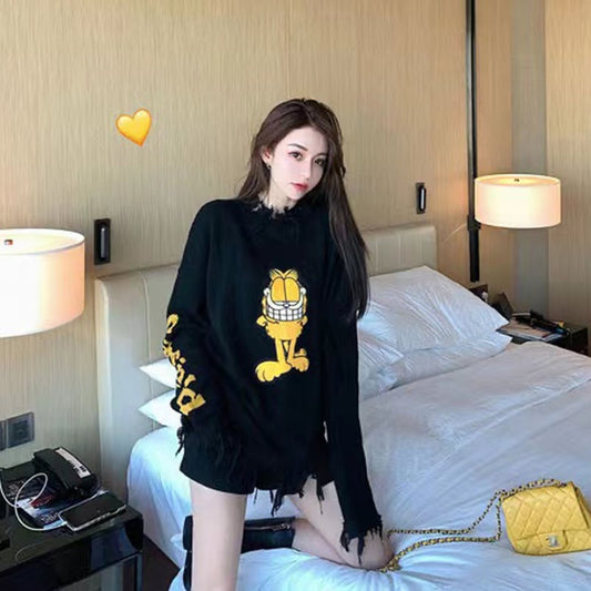 【tops】大人可愛いラウンドネック長袖体型カバー韓国ファッション動物柄配色着回しセーターF1306