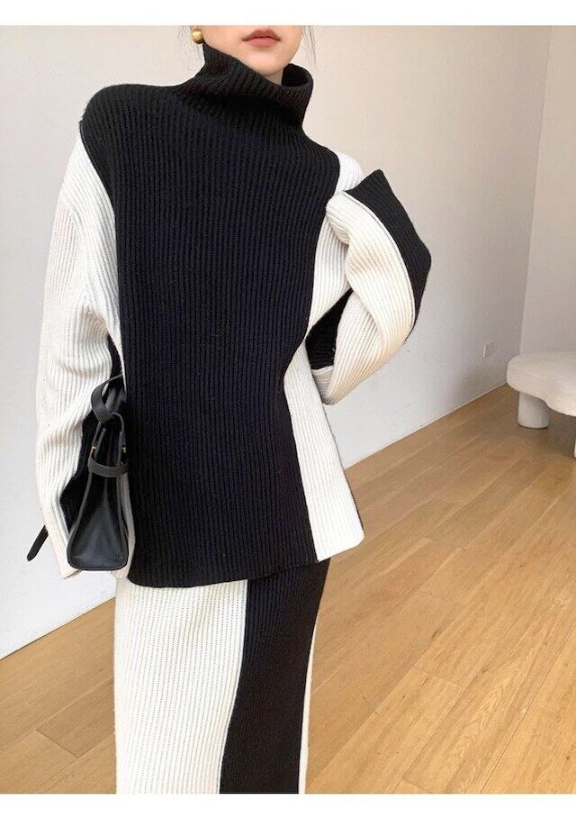 【set】ハイネックセーター+スカート配色２点セット F6295