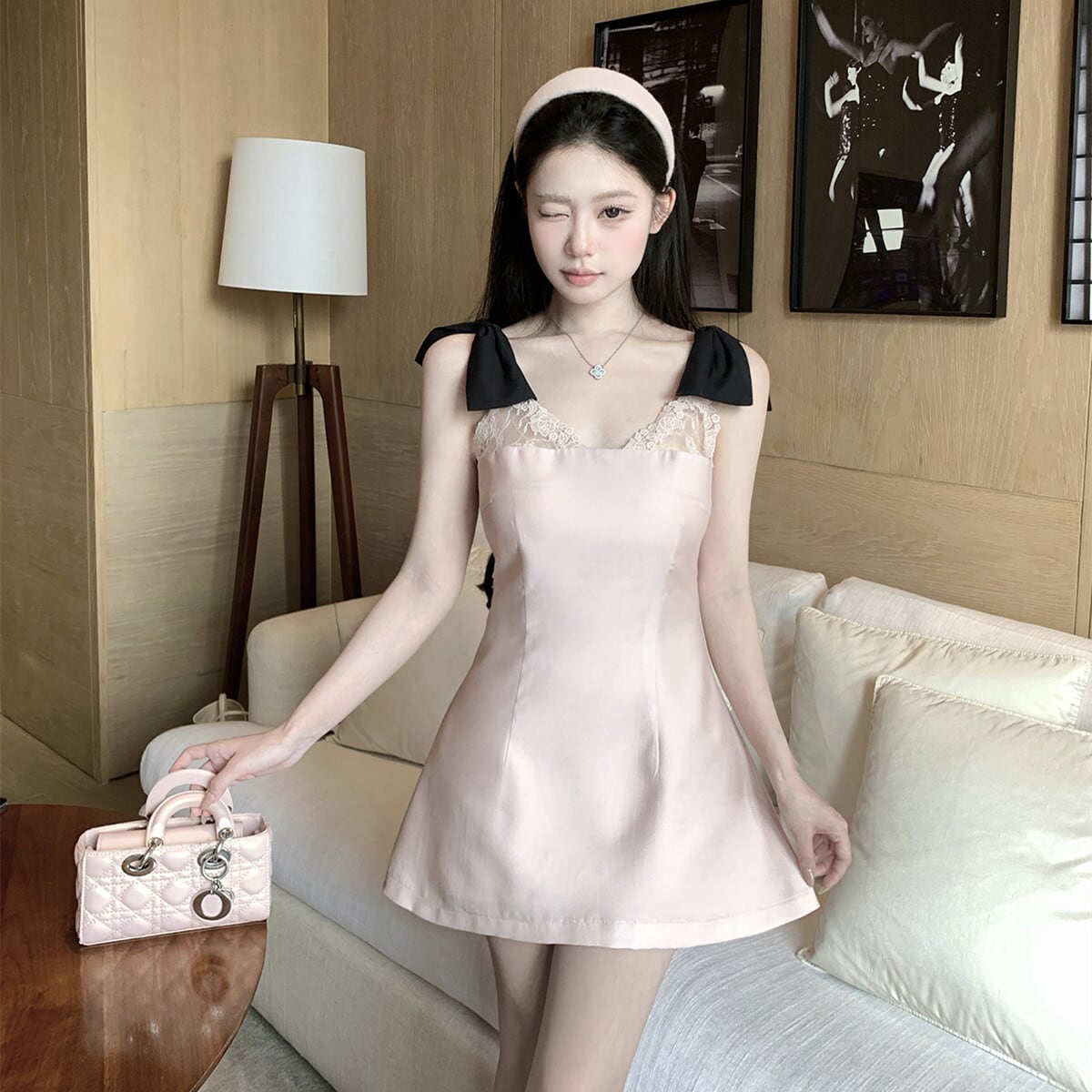 【dress】ショルダーリボンレースミニワンピース　N3129