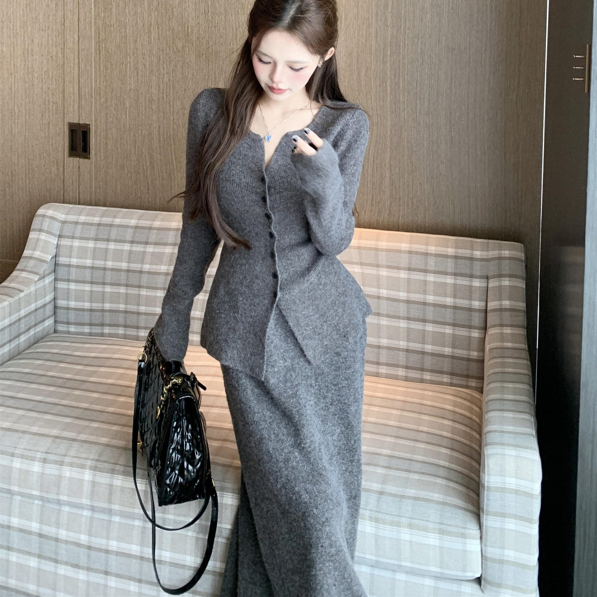 【set】Ⅴネックニットカーディガン×ロングスカートセット　N2764