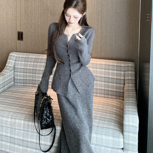 【set】Ⅴネックニットカーディガン×ロングスカートセット　N2764