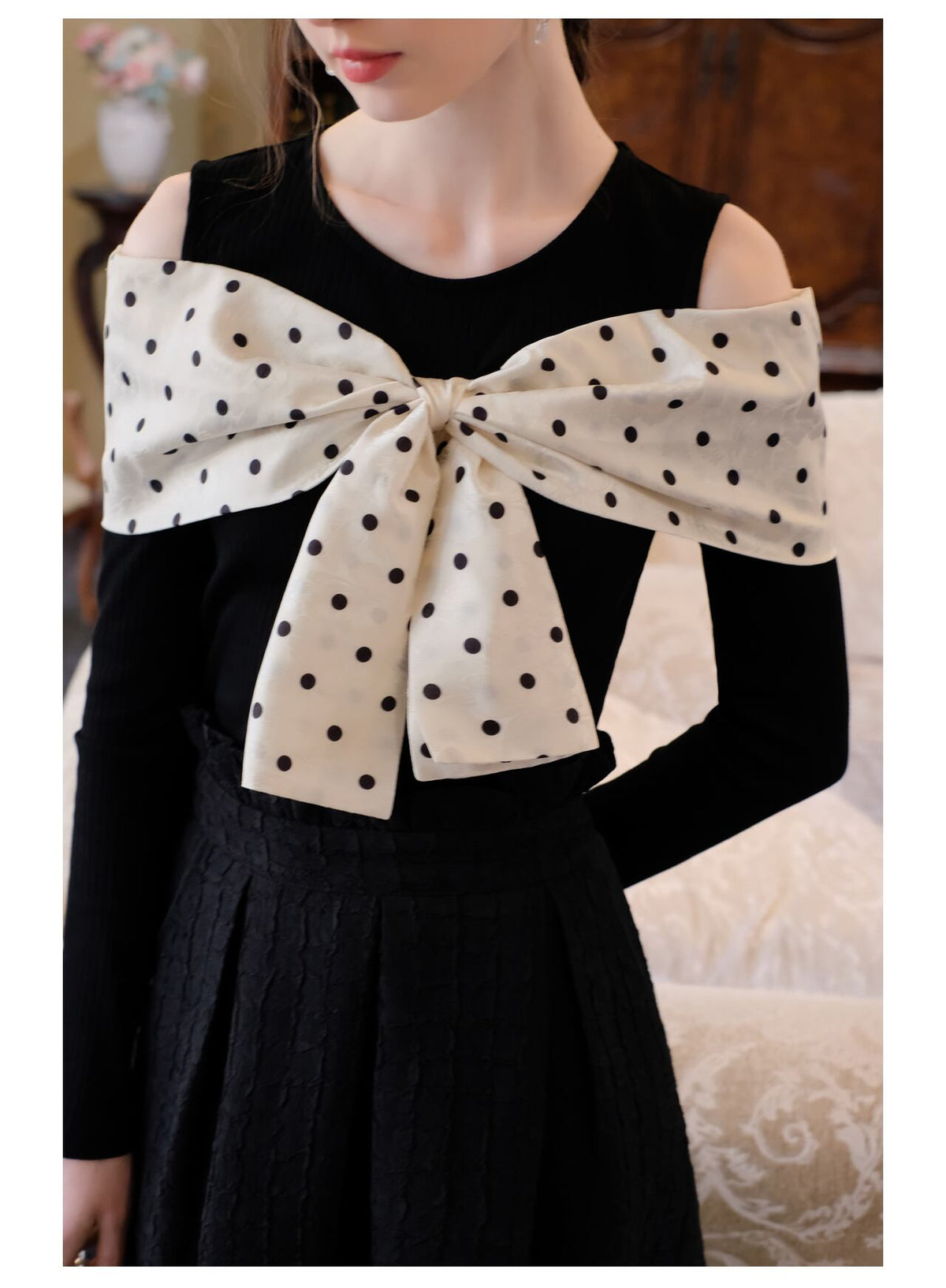 【tops】オフショルダーリボンニットトップス　N2796