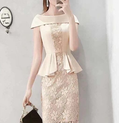 【dress】オシャレ度満点〜ギャザーレース切り替えスリットOL通勤タイトンワンピースF2427