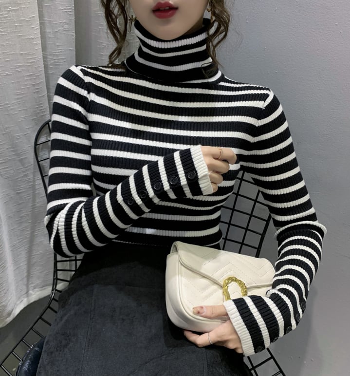 【tops】一目惚れ！4色ハイネック長袖体型カバーボーダー柄ファッションニットセーターF1046