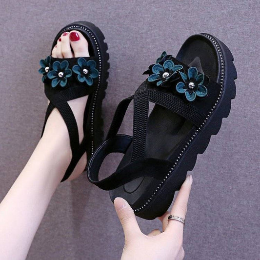 【shoes】一目惚れ！2色花模様履きやすい合わせやすい大人きれいめ厚底サンダル