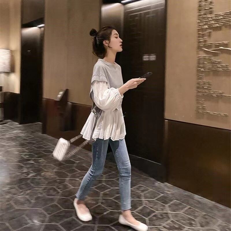 【tops】話題沸騰中ラウンドネック長袖ランタンスリーブ韓国風配色フリル偽二つ切り替えブラウスF1763