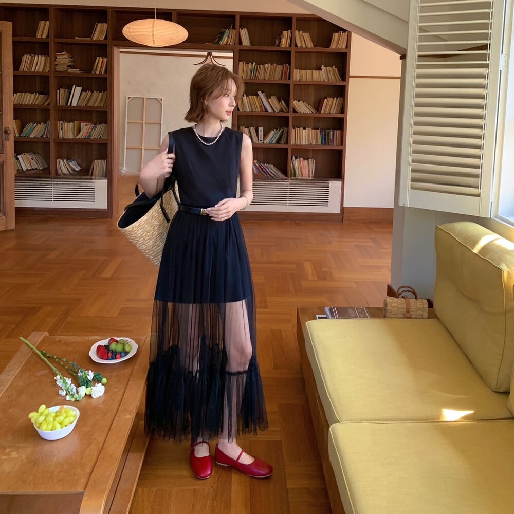 【dress】チュールドッキングノースリーブワンピース  N3562