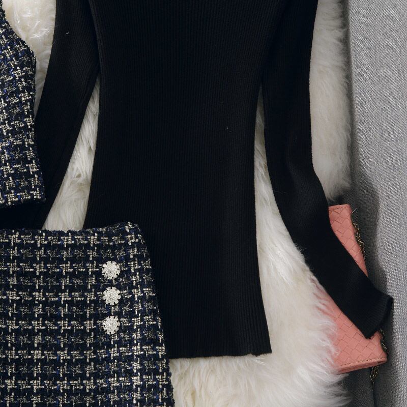 【set】無地セーター+チェック柄ベスト+ボディラインスカート3点セットF0817