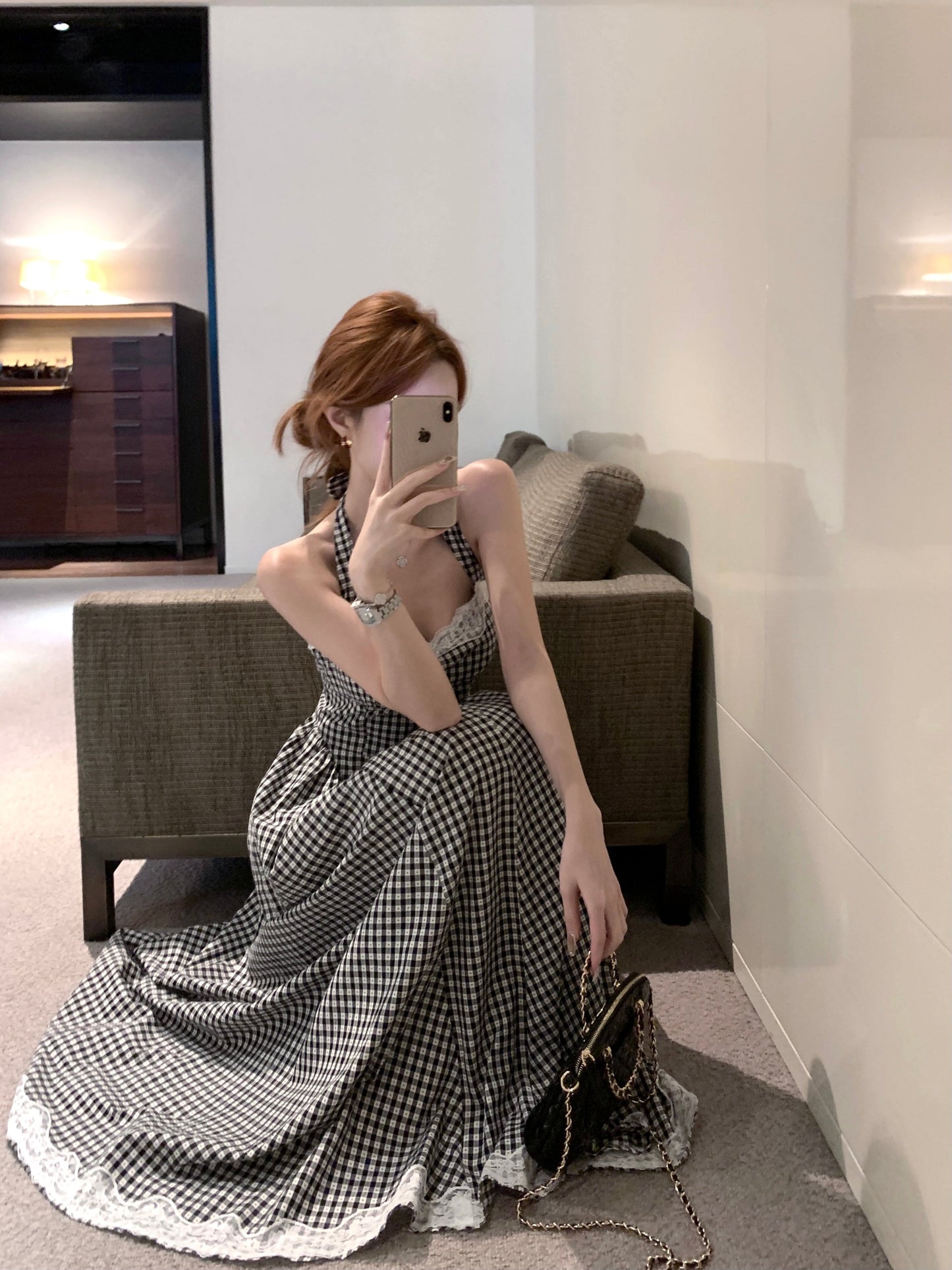 【dress】レース切り替えバックリボンチェック柄ワンピースF7789