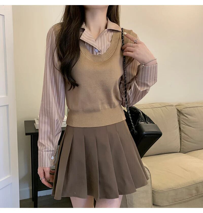 【tops】POLOネック切り替えニットトップス　N2834