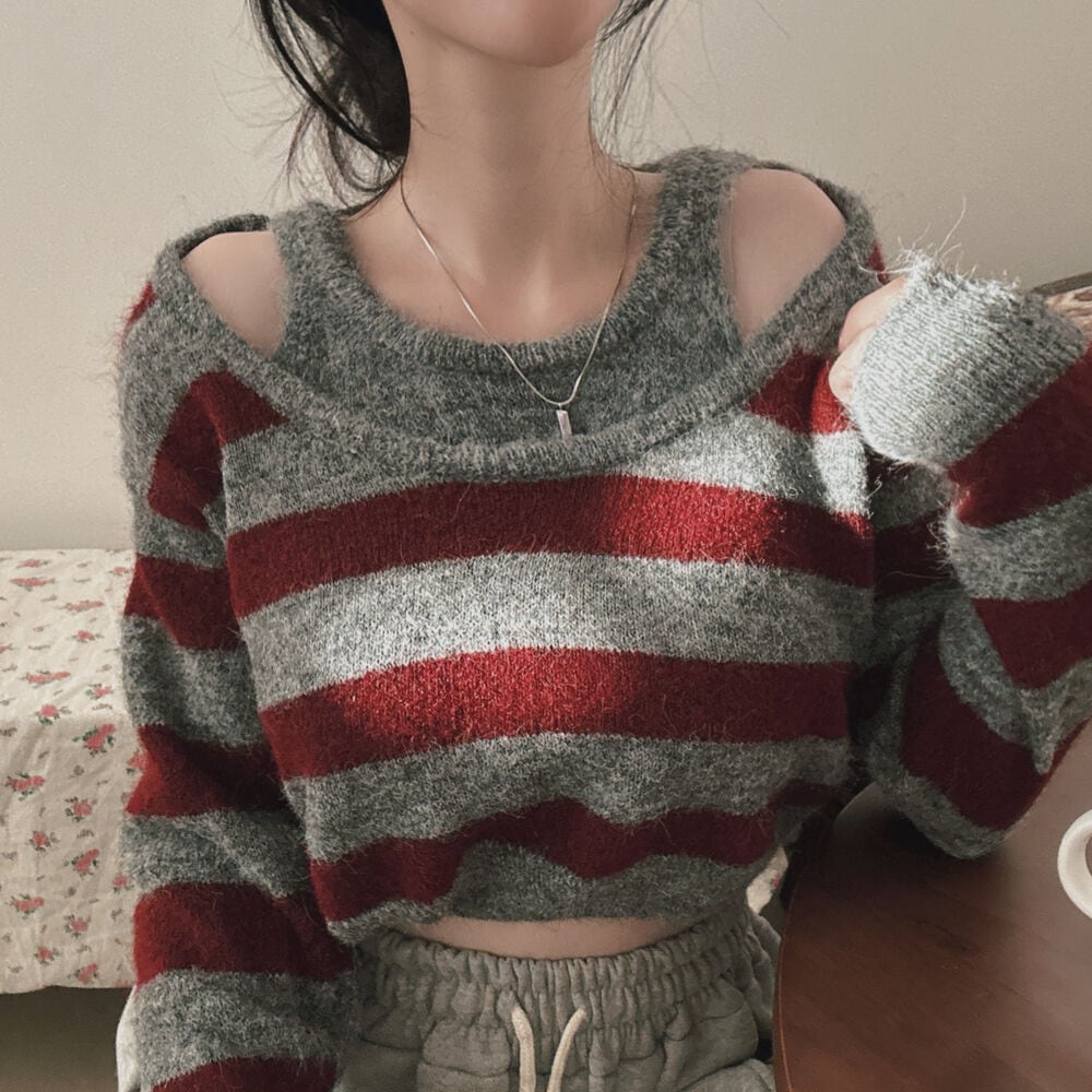 【tops】ボーダー柄切り替えニットセーター　M27774