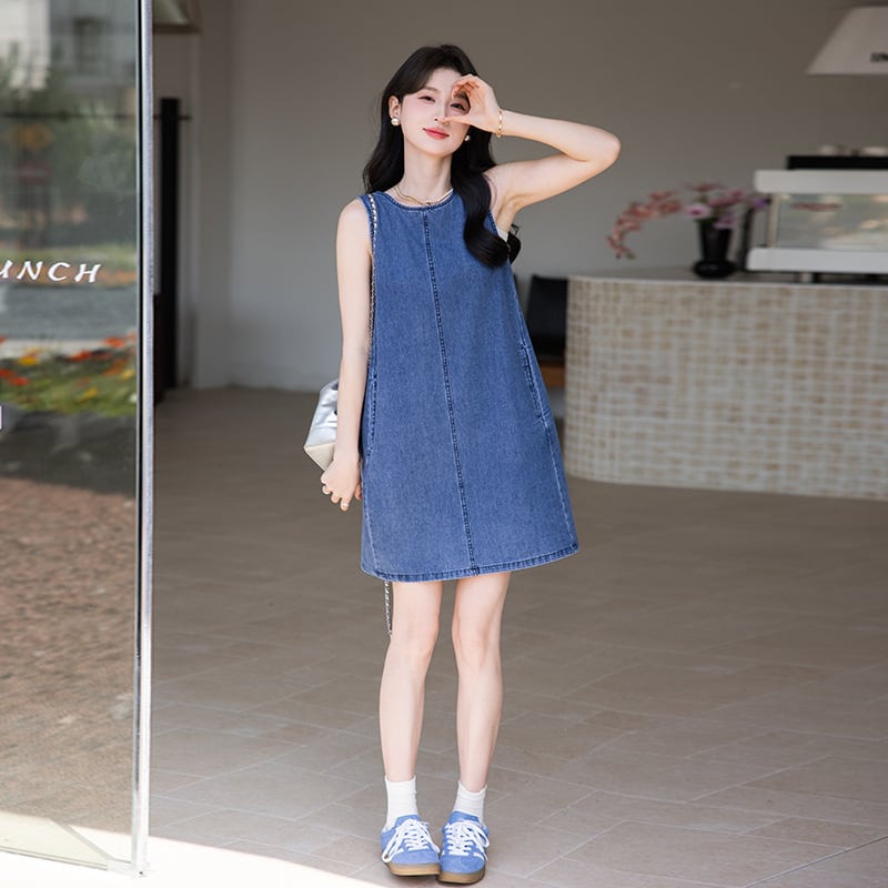 【dress】ノースリーブデニムワンピース Q8420