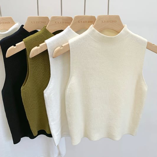 【tops】今季大好評4色ハーフネックノースリーブ人気シンプル無地着回しニットタンクトップF4817