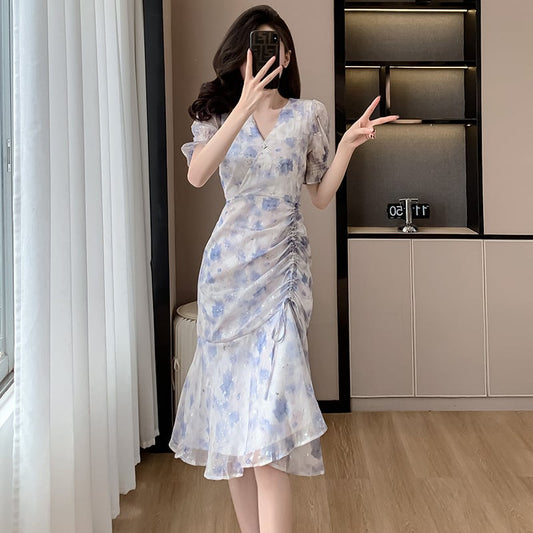 【dress】Vネック半袖マーメイドワンピースF7407