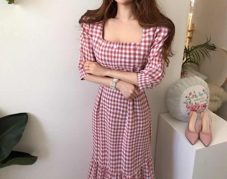 【dress】優しい雰囲気気質満点レトロスクエアネック着痩せ5分袖チェック柄ワンピース G1641