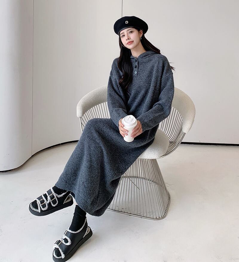 【dress】フード付きロングニットワンピース　N2186