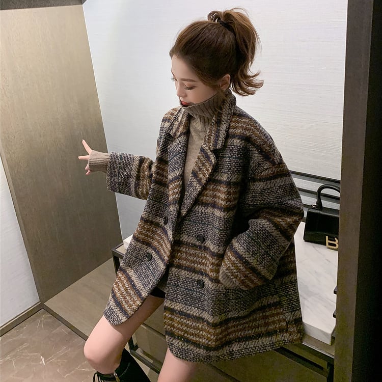 【outer】気質溢れる♪大きいラペル長袖チェック柄ゆったり着回し厚手コートF0844