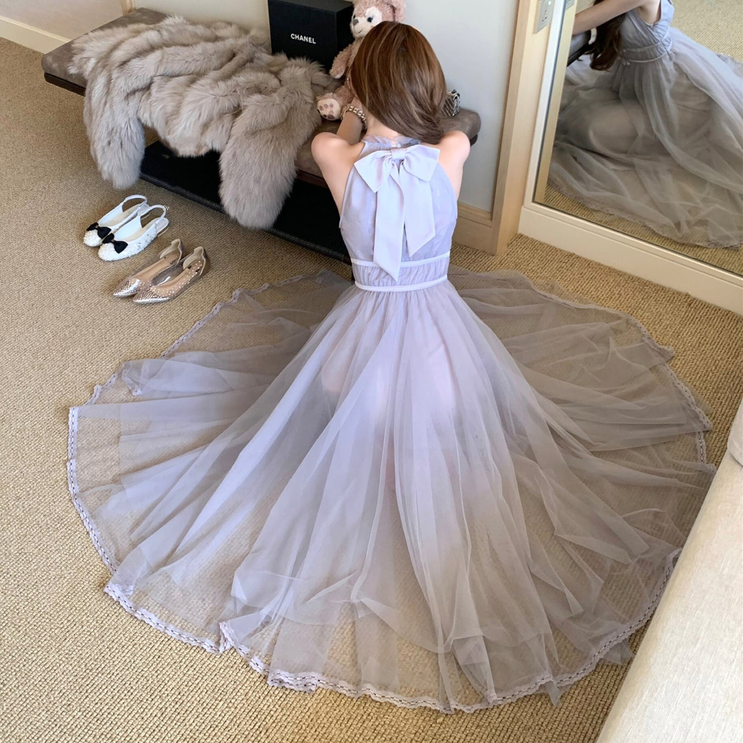 【dress】バックリボンチュールロングワンピース　N3217