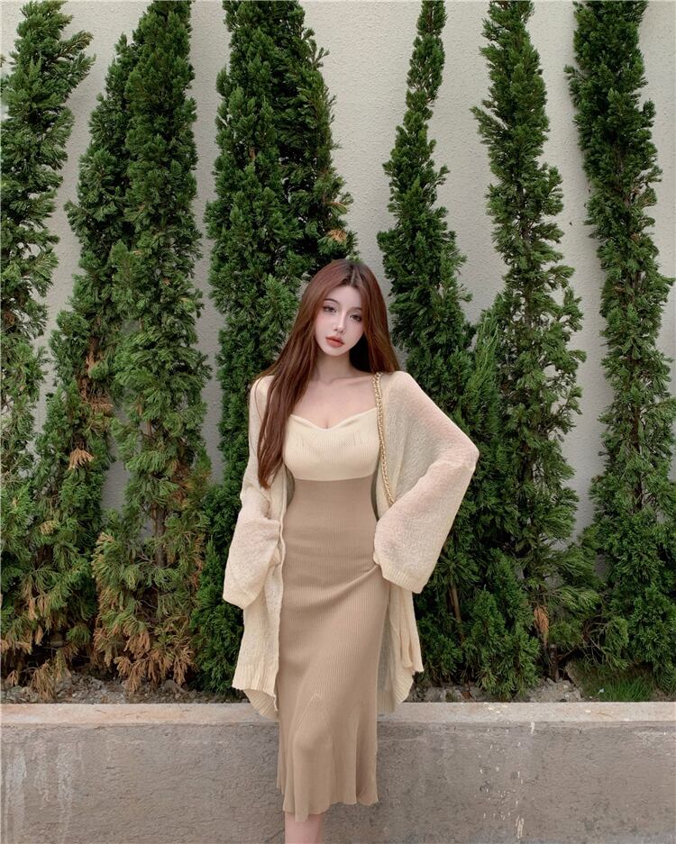 【set】好感度UP!気質満点セクシーカーディガン+キャミワンピースオシャレ２点セット G3383