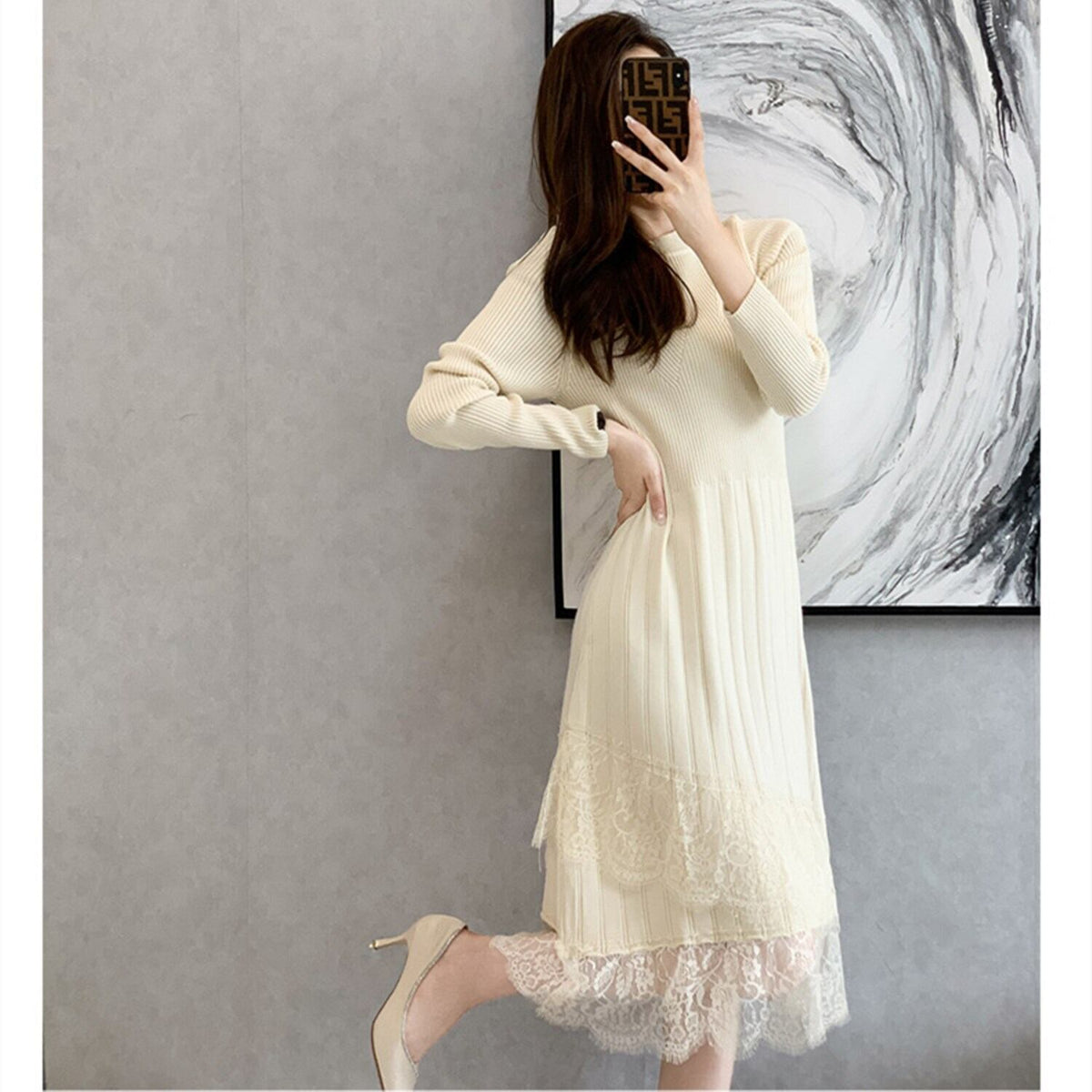 【dress】レースドッキングニットワンピース 　N2226