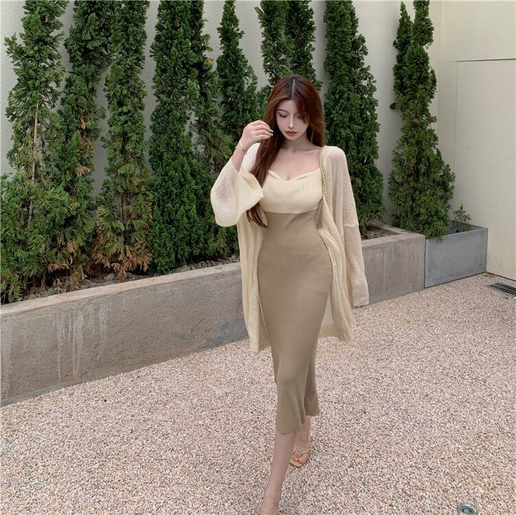 【set】好感度UP!気質満点セクシーカーディガン+キャミワンピースオシャレ２点セット G3383