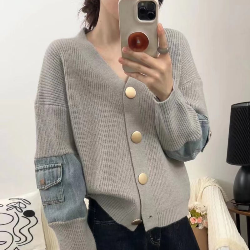 【tops】Vネックデニムドッキングニットトップス Q6369