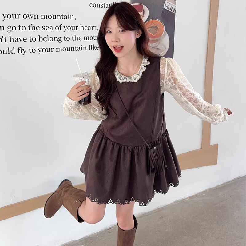 【set】レーストップス×スエードベストワンピースセット Q8132