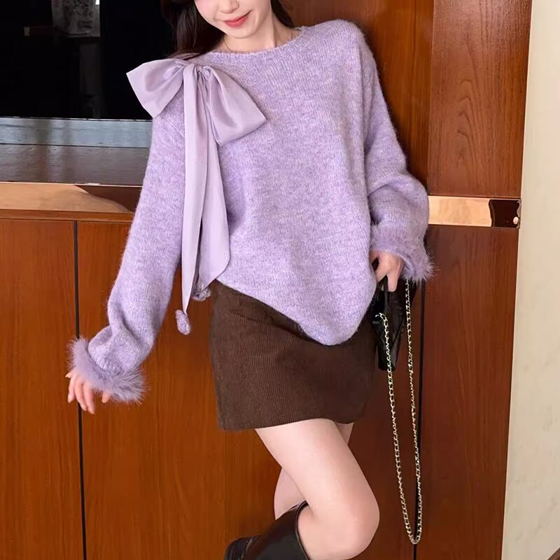 【tops】リボン付き袖ファーニットトップス Q7292