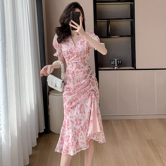 【dress】Vネック花柄マーメイドワンピースF7446