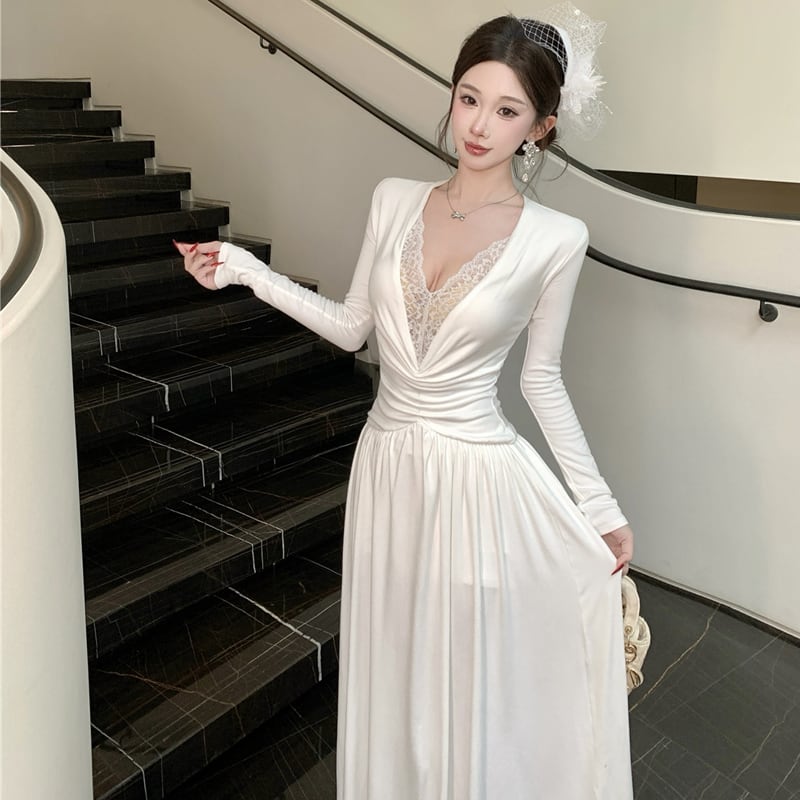 【dress】Vネックレースドッキングワンピース Q7425
